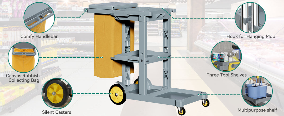 Commercial Hotel Restaurant Cleaning Cart | 3-Shelf | Commercial Janitorial Cart | Housekeeping Cart