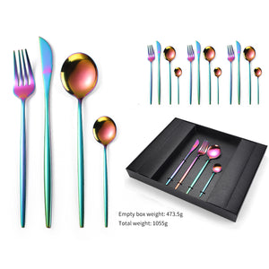 16-Piece Stainless Steel Rainbow Cutlery Set | Knife, Fork, Spoon | Flatware Set