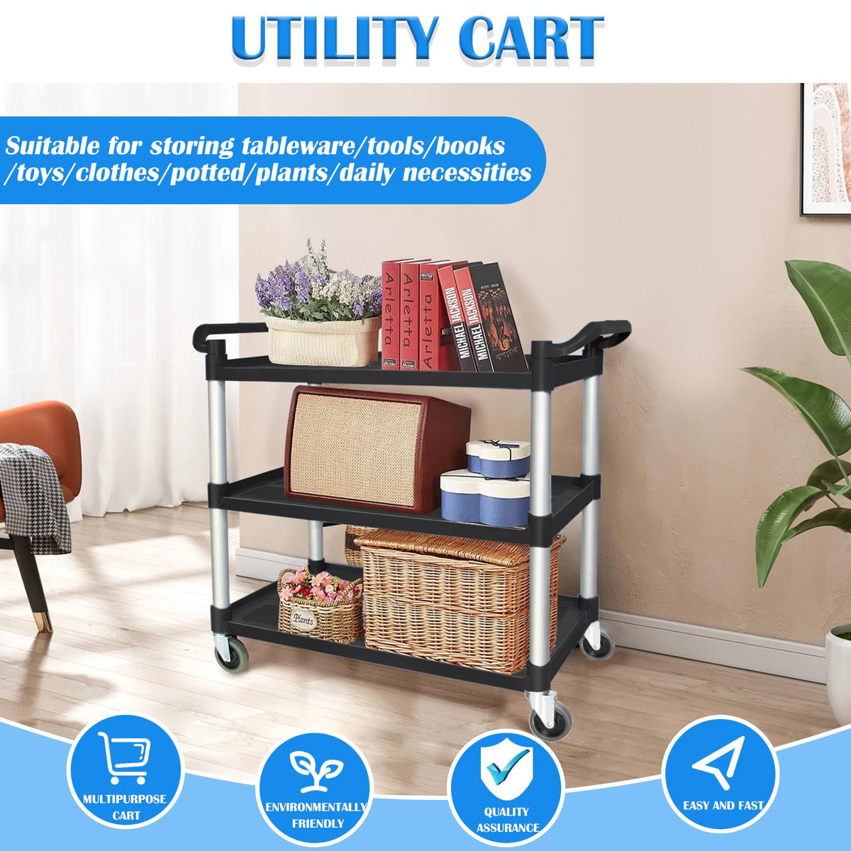 3-Tier Large Service Food Cart | Restaurant Trolley | Utility Cart | Kitchen Catering Shelf Storage