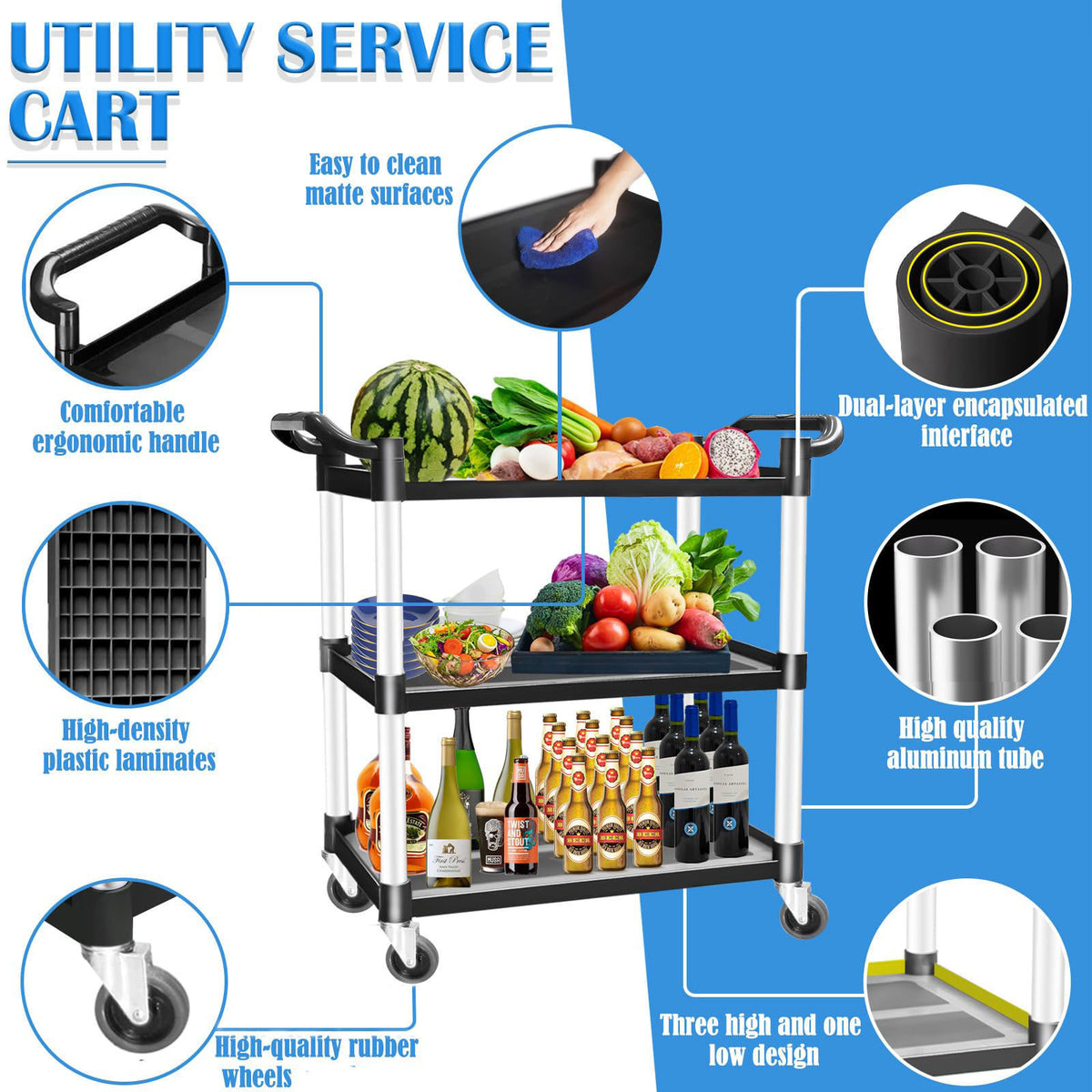 3-Tier Large Service Food Cart | Restaurant Trolley | Utility Cart | Kitchen Catering Shelf Storage