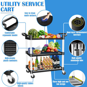 3-Tier Large Service Food Cart | Restaurant Trolley | Utility Cart | Kitchen Catering Shelf Storage