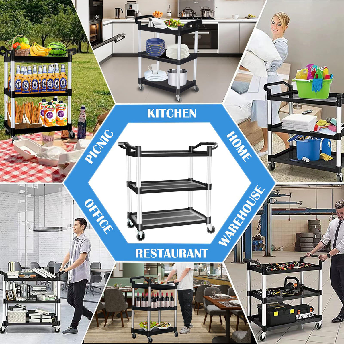 3-Tier Large Service Food Cart | Restaurant Trolley | Utility Cart | Kitchen Catering Shelf Storage