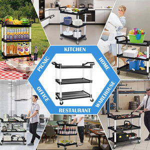 3-Tier Large Service Food Cart | Restaurant Trolley | Utility Cart | Kitchen Catering Shelf Storage