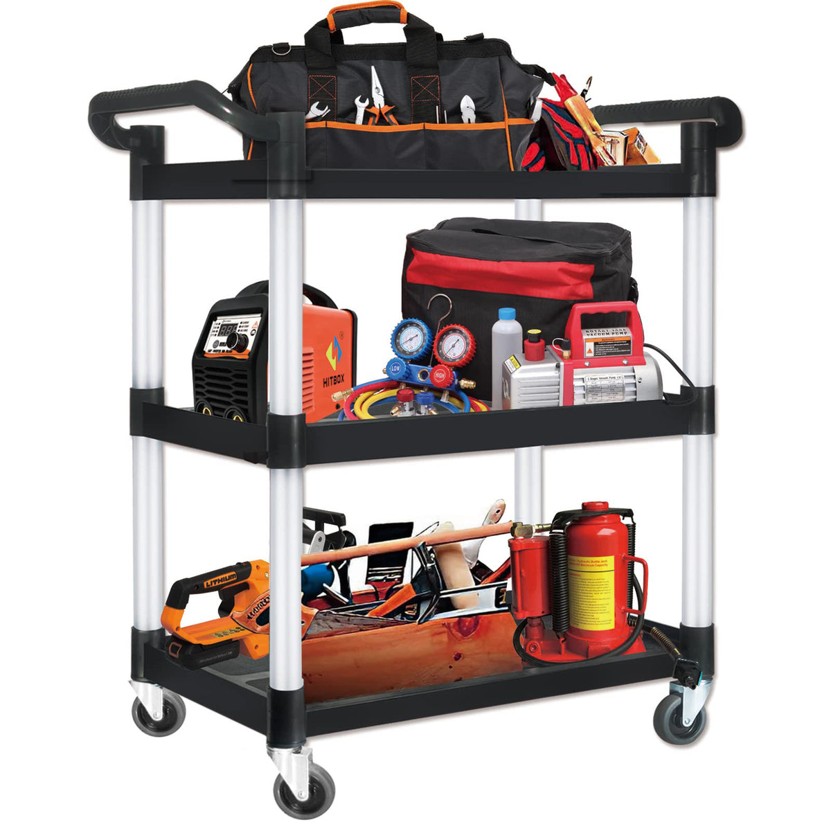 3-Tier Large Service Food Cart | Restaurant Trolley | Utility Cart | Kitchen Catering Shelf Storage