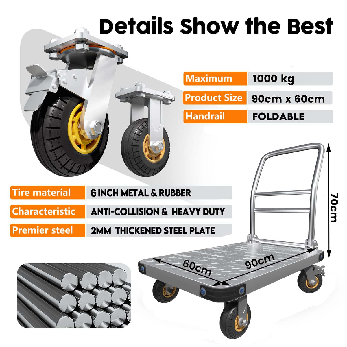 Heavy Duty Foldable Platform Truck | 1000KG Capacity | Steel Flatbed Push Cart with Brake