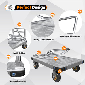 Heavy Duty Foldable Platform Truck | 1000KG Capacity | Steel Flatbed Push Cart with Brake