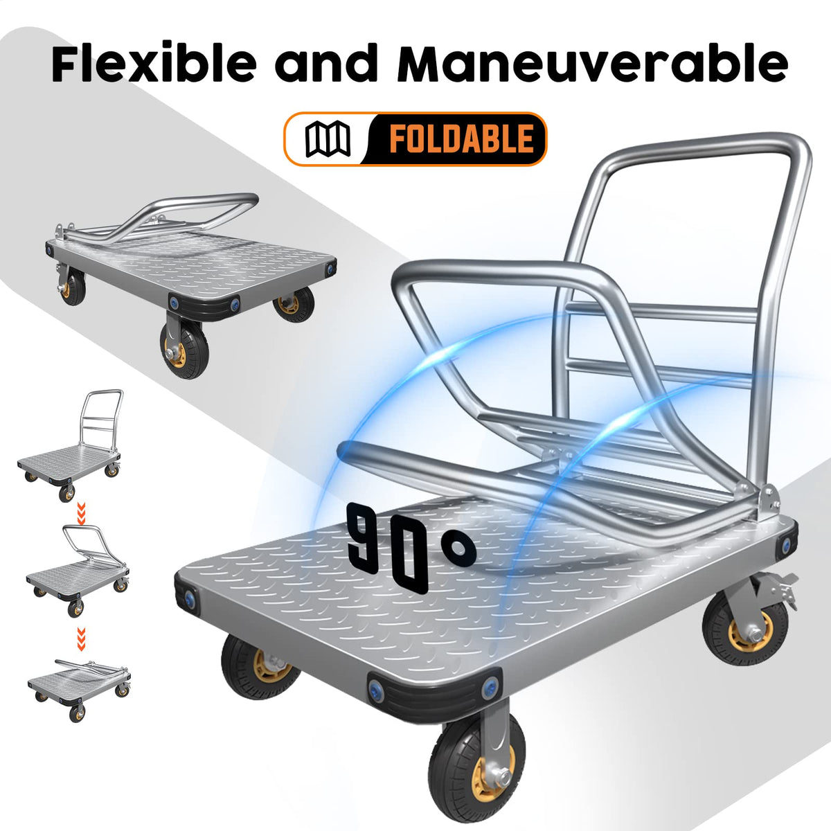 Heavy Duty Foldable Platform Truck | 1000KG Capacity | Steel Flatbed Push Cart with Brake
