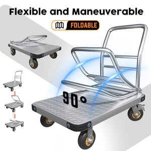 Heavy Duty Foldable Platform Truck | 1000KG Capacity | Steel Flatbed Push Cart with Brake