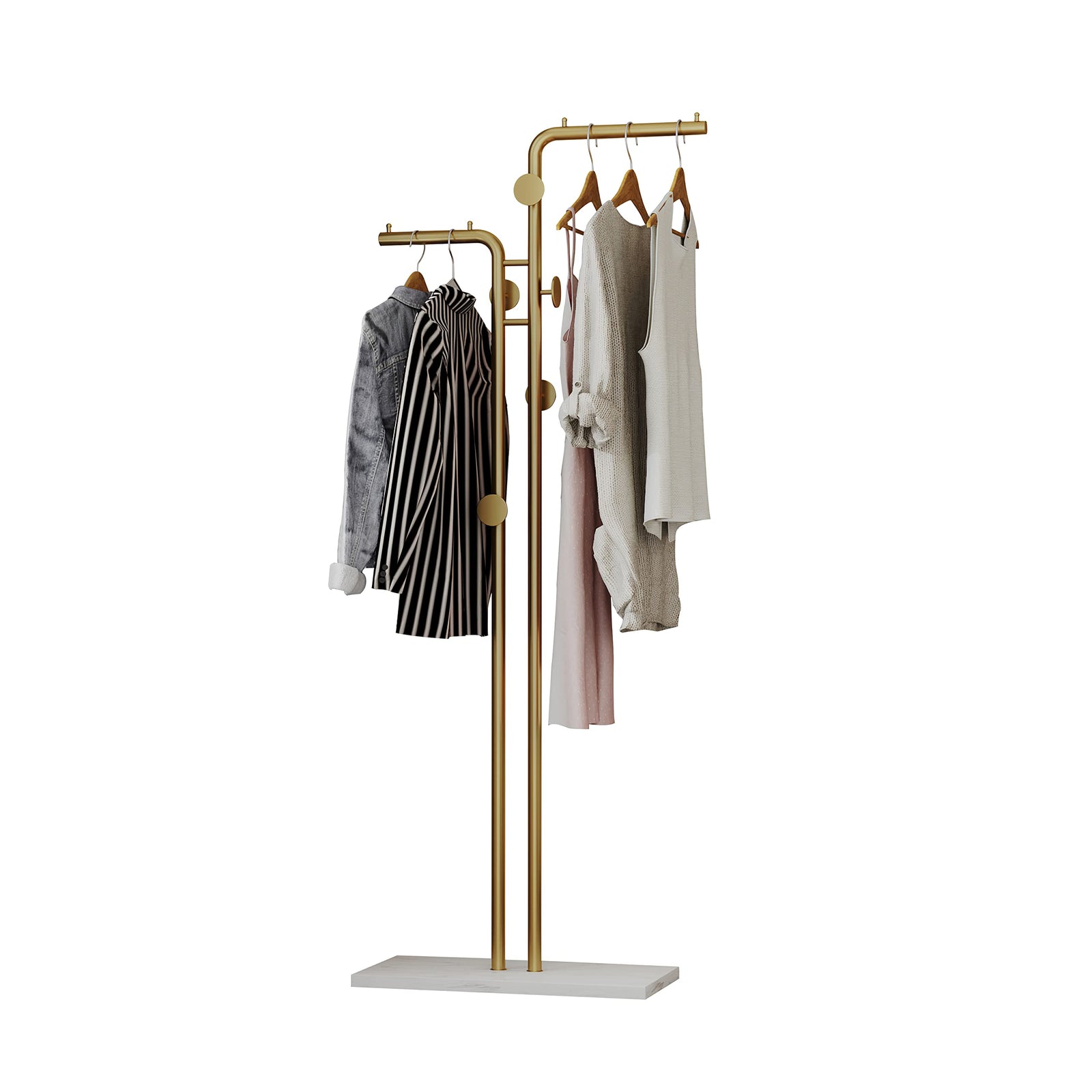 Metal Coat Rack | Marble Base | Hooks | Clothes, Coats, Bag Tree Hat Display | 2 Pole Organizer