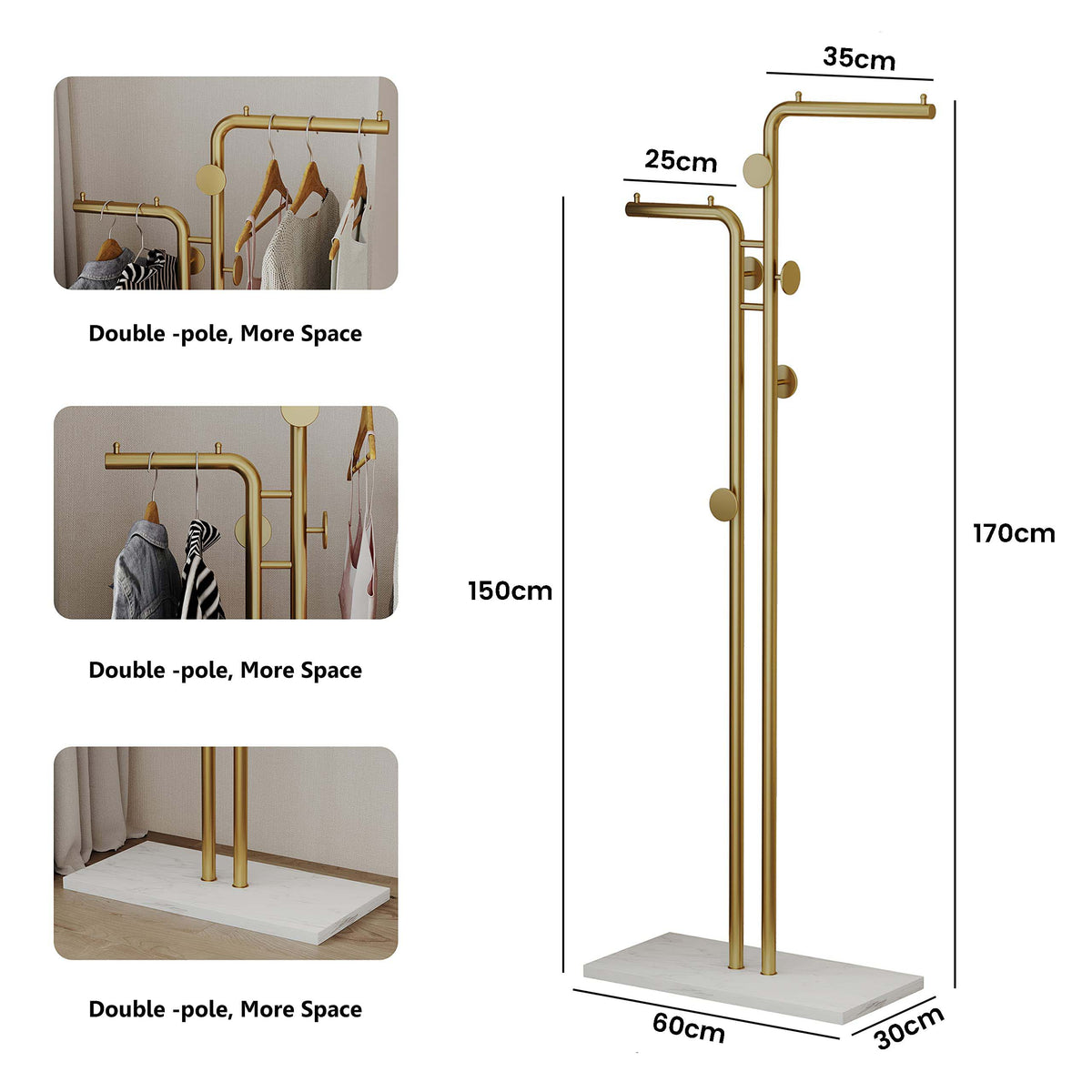 Metal Coat Rack | Marble Base | Hooks | Clothes, Coats, Bag Tree Hat Display | 2 Pole Organizer