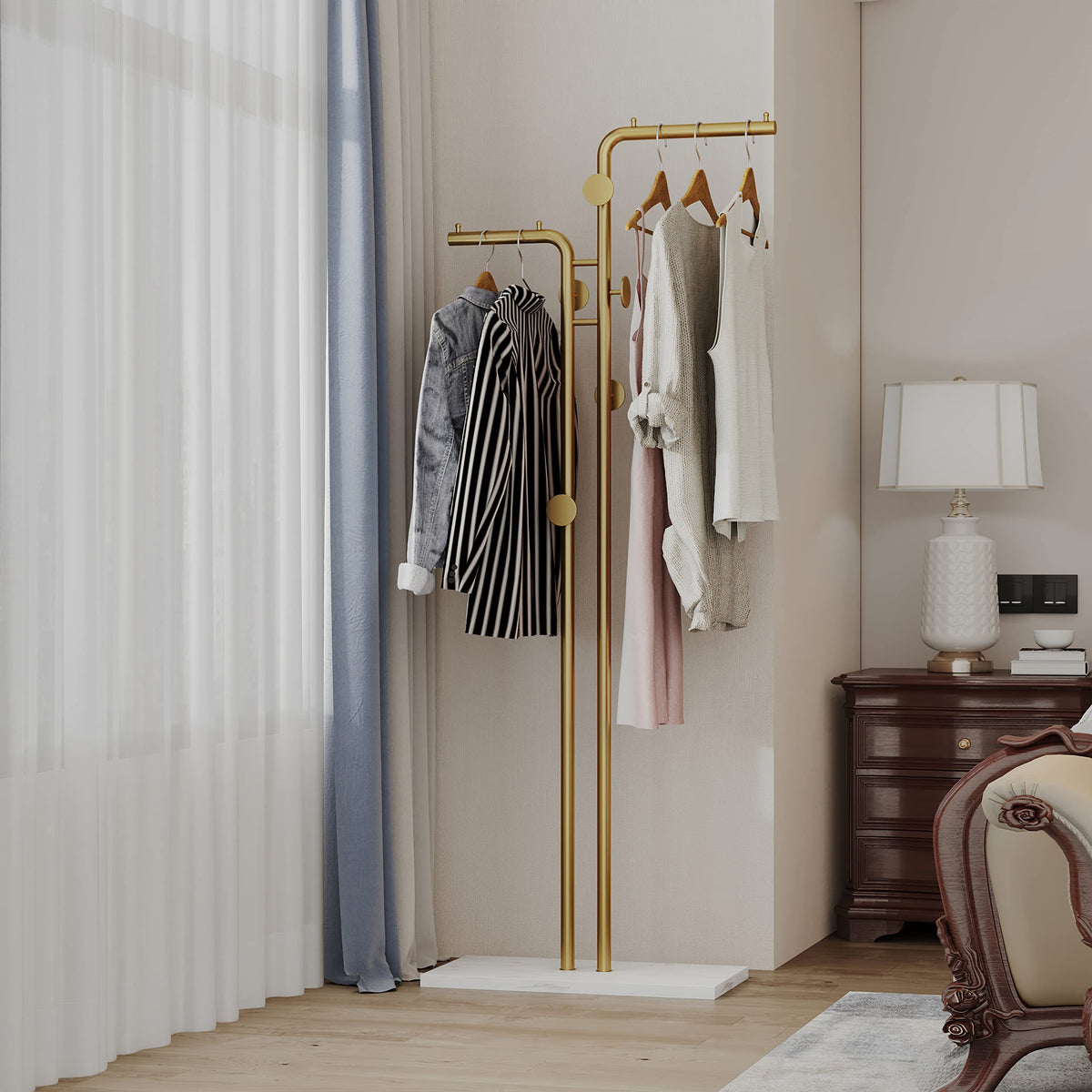 Metal Coat Rack | Marble Base | Hooks | Clothes, Coats, Bag Tree Hat Display | 2 Pole Organizer