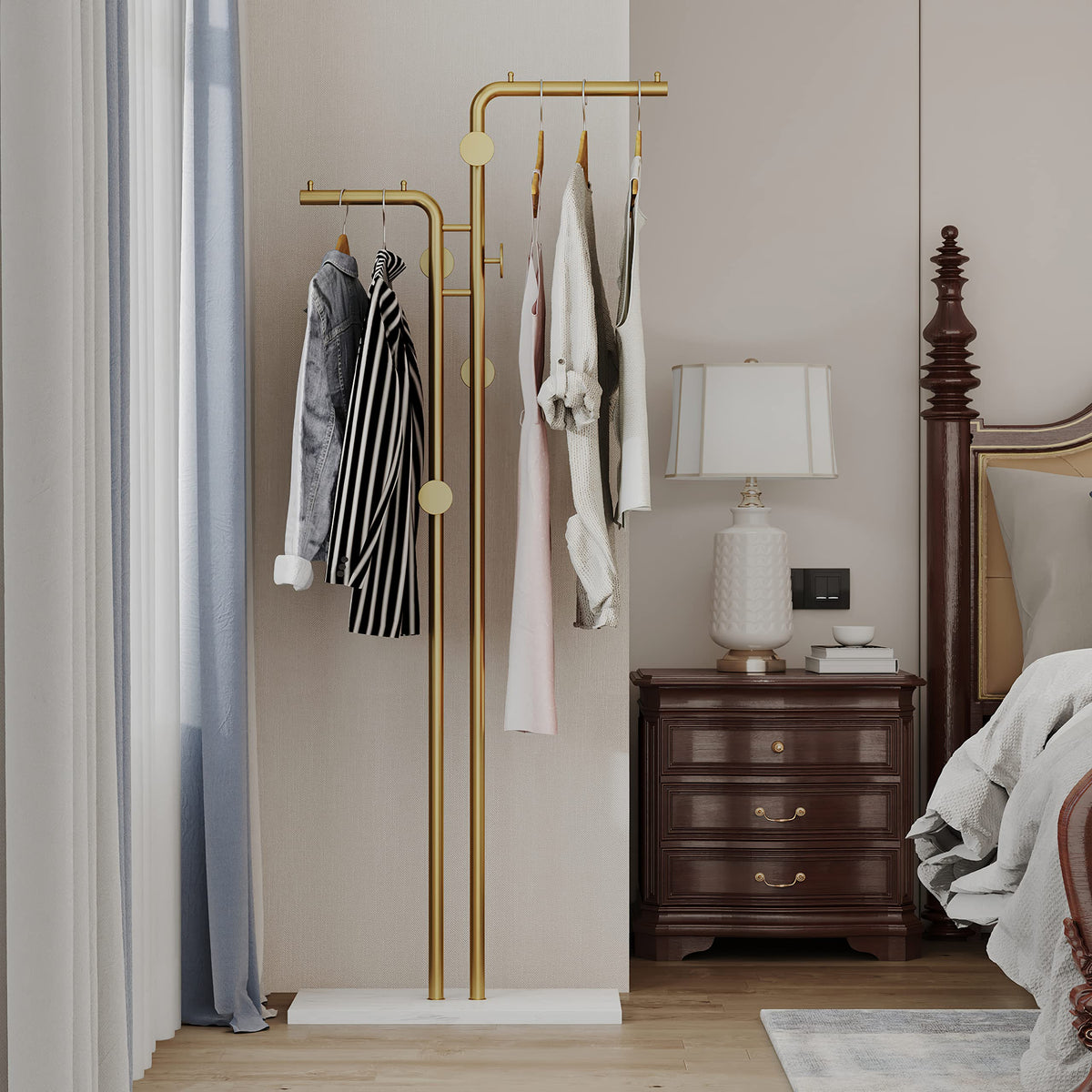 Metal Coat Rack | Marble Base | Hooks | Clothes, Coats, Bag Tree Hat Display | 2 Pole Organizer