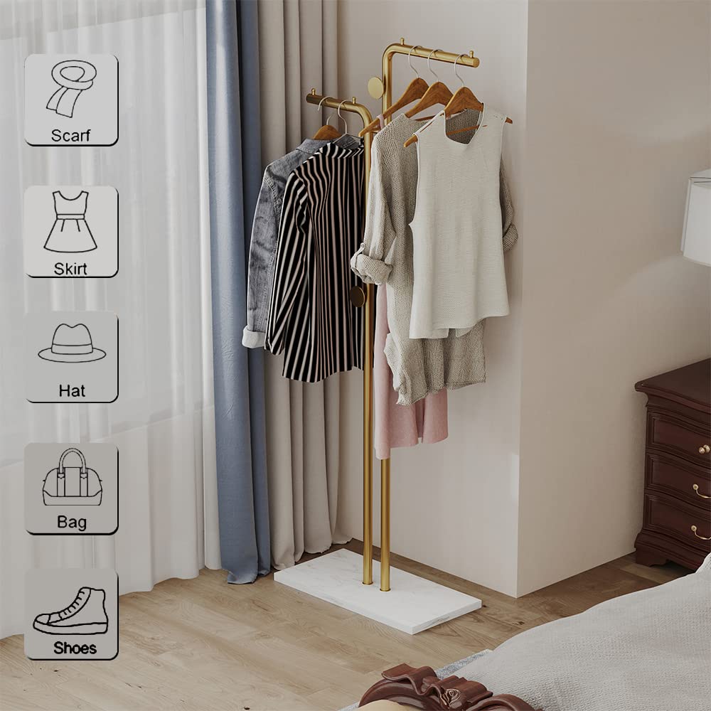 Metal Coat Rack | Marble Base | Hooks | Clothes, Coats, Bag Tree Hat Display | 2 Pole Organizer