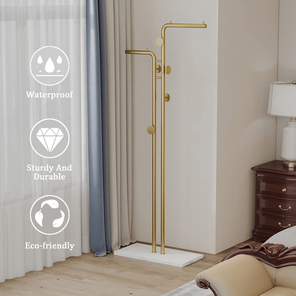 Metal Coat Rack | Marble Base | Hooks | Clothes, Coats, Bag Tree Hat Display | 2 Pole Organizer