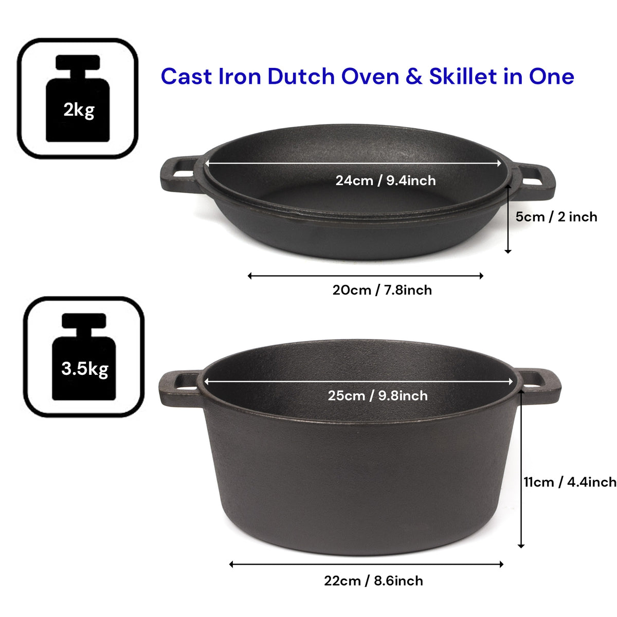 Cast Iron Dutch Oven & Skillet Set | 2-in-1 | 26cm | Pre-Seasoned | Lid Converts to Fry Pan