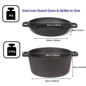 Cast Iron Dutch Oven & Skillet Set | 2-in-1 | 26cm | Pre-Seasoned | Lid Converts to Fry Pan