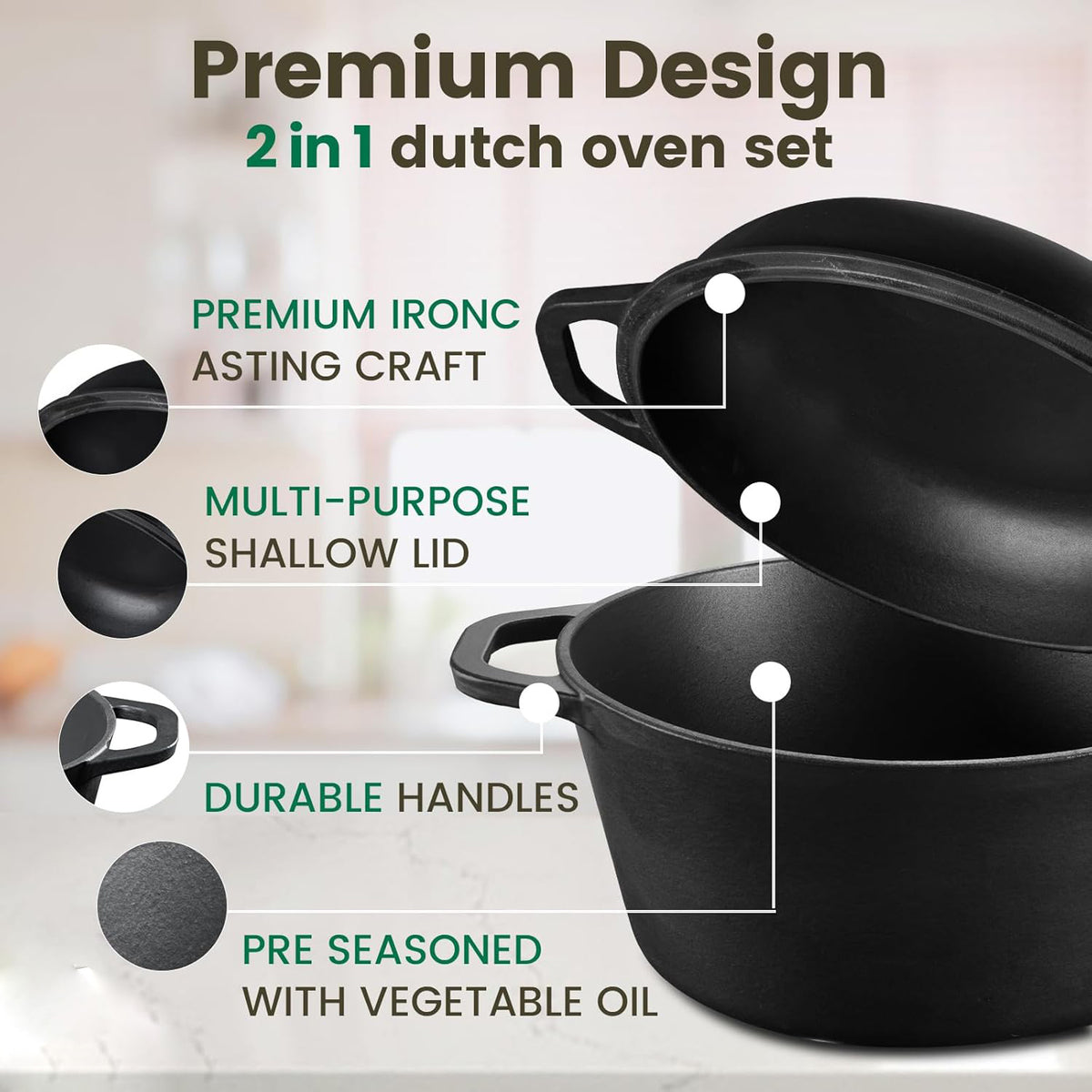 Cast Iron Dutch Oven & Skillet Set | 2-in-1 | 26cm | Pre-Seasoned | Lid Converts to Fry Pan