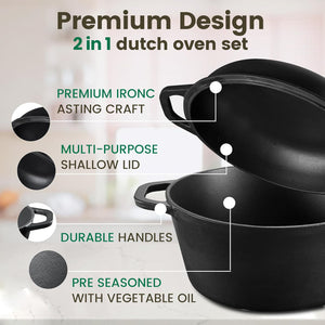 Cast Iron Dutch Oven & Skillet Set | 2-in-1 | 26cm | Pre-Seasoned | Lid Converts to Fry Pan