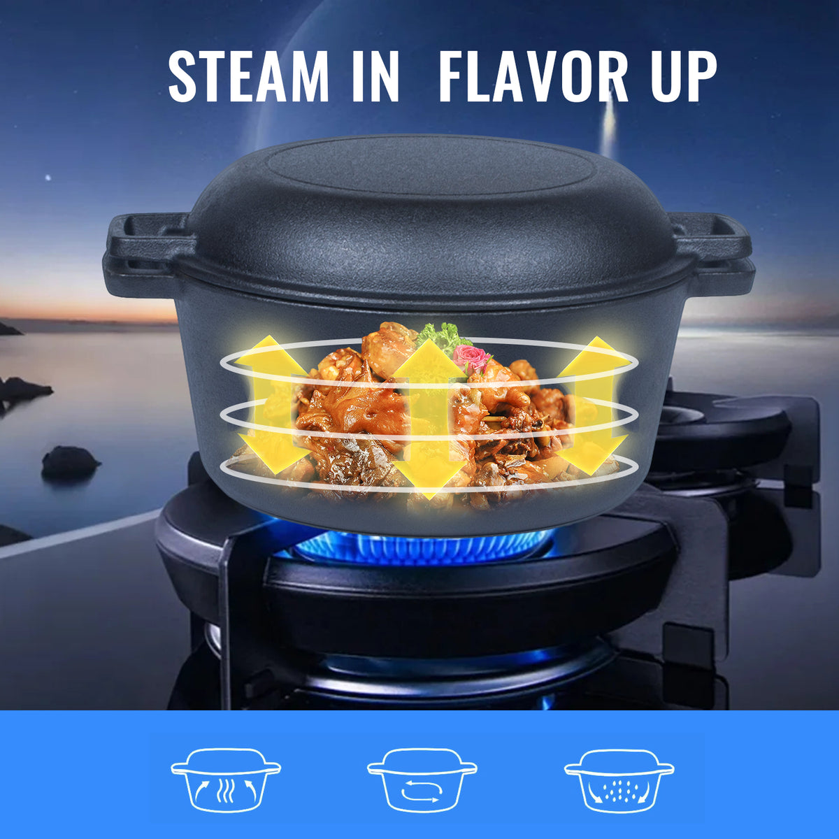 Cast Iron Dutch Oven & Skillet Set | 2-in-1 | 26cm | Pre-Seasoned | Lid Converts to Fry Pan