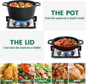 Cast Iron Dutch Oven & Skillet Set | 2-in-1 | 26cm | Pre-Seasoned | Lid Converts to Fry Pan