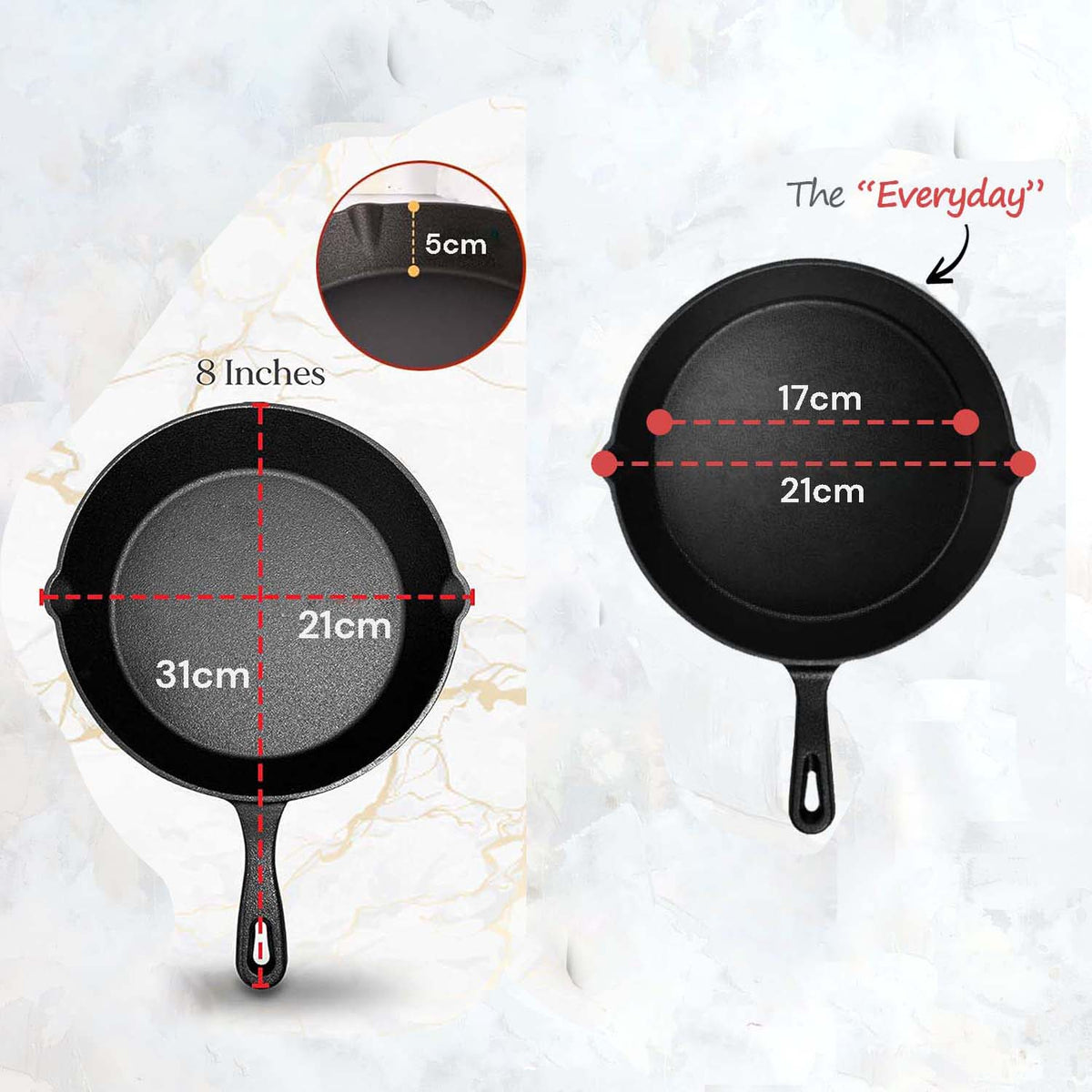 8inch | 21cm Cast Iron Skillet Cookware | Chef Quality | Pre-Seasoned Pan