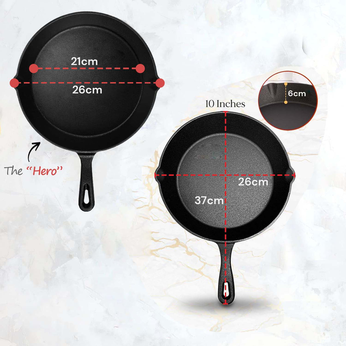 10inch | 26cm Cast Iron Skillet Cookware | Chef Quality | Pre-Seasoned Pan
