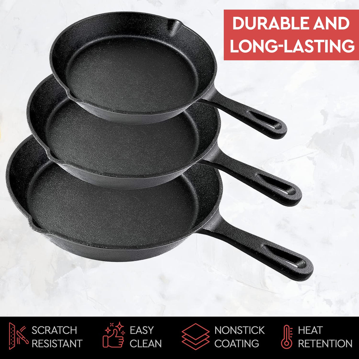 Cast Iron Skillet Cookware | 3-Piece Set | Chef Quality | Pre-Seasoned Pan | 10" | 8" | 6" Pans