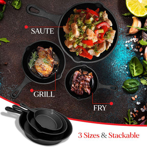 Cast Iron Skillet Cookware | 3-Piece Set | Chef Quality | Pre-Seasoned Pan | 10" | 8" | 6" Pans