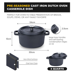24cm | Pre-seasoned NonStick Cast Iron Dutch Oven | Handles | Lid | Skillet Cookware | Braising Pot | Casserole