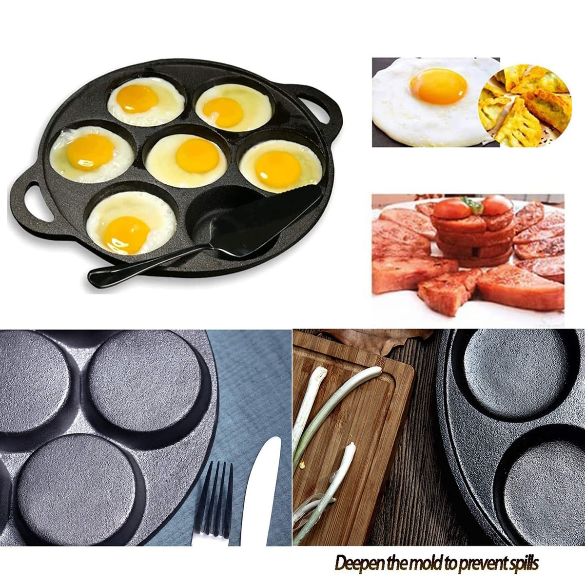 7-Cup Cast Iron Egg Frying Pan | Divided Egg Skillet Pan | Fried Egg Pan Cooker | Pancake Fryer