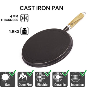 Pre-Seasoned 26cm Cast Iron Fry Pan | Heat-Resistant Wooden Handle | Cookware