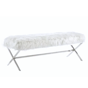 Interior Ave Oxley Fur Bench | White & Silver | Modern Upholstered Seating