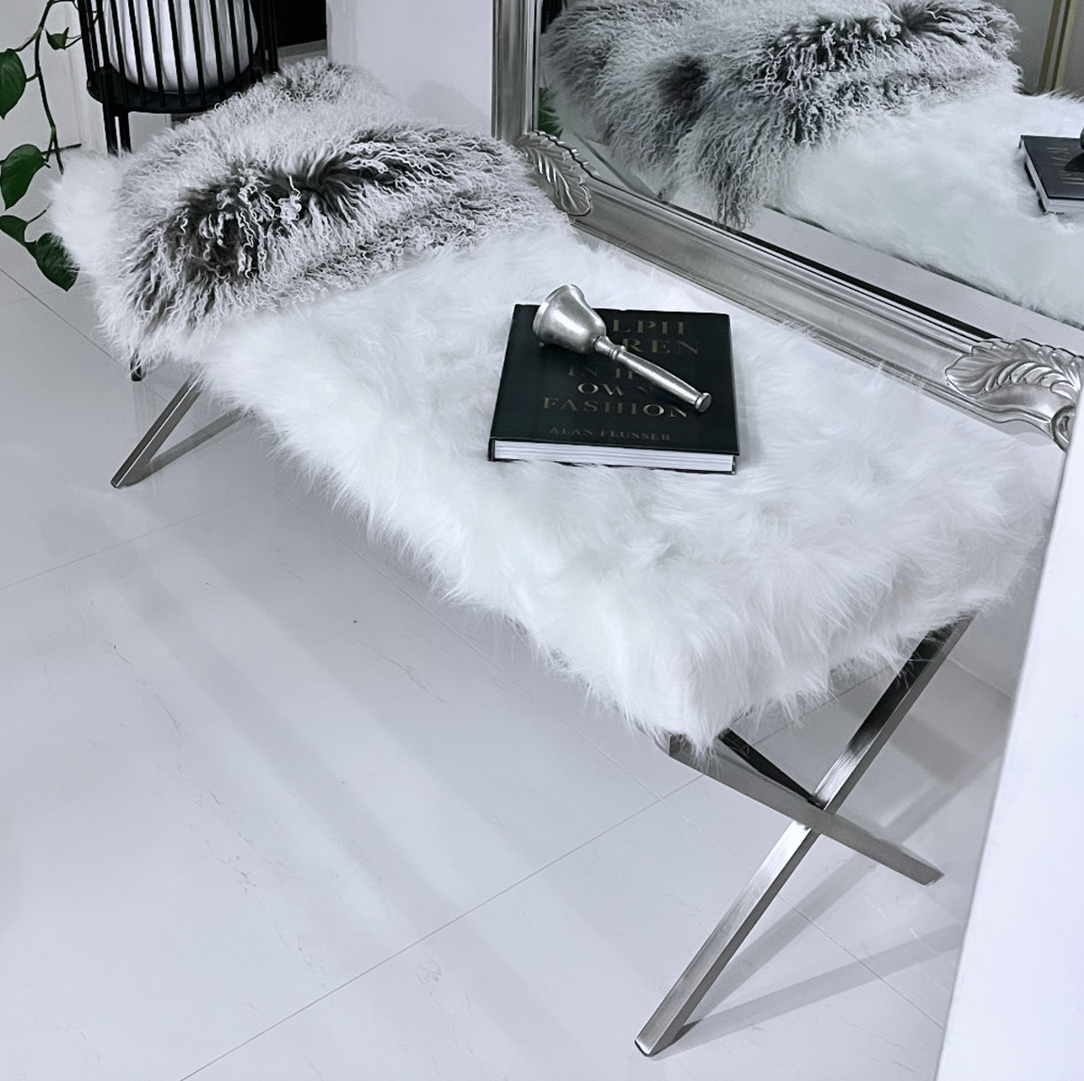 Interior Ave Oxley Fur Bench | White & Silver | Modern Upholstered Seating