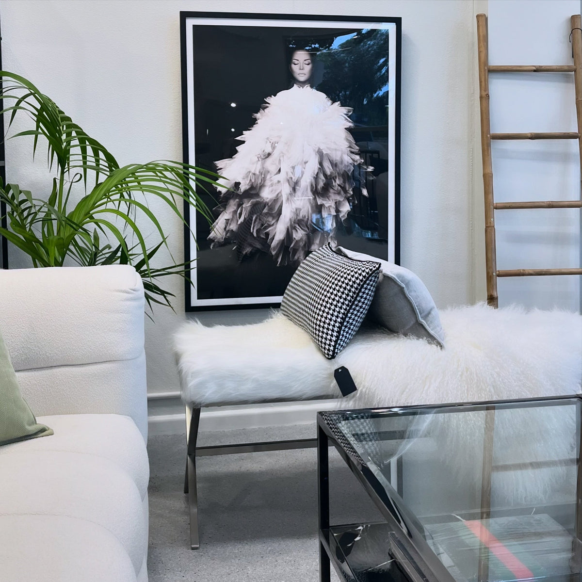 Interior Ave Oxley Fur Bench | White & Silver | Modern Upholstered Seating