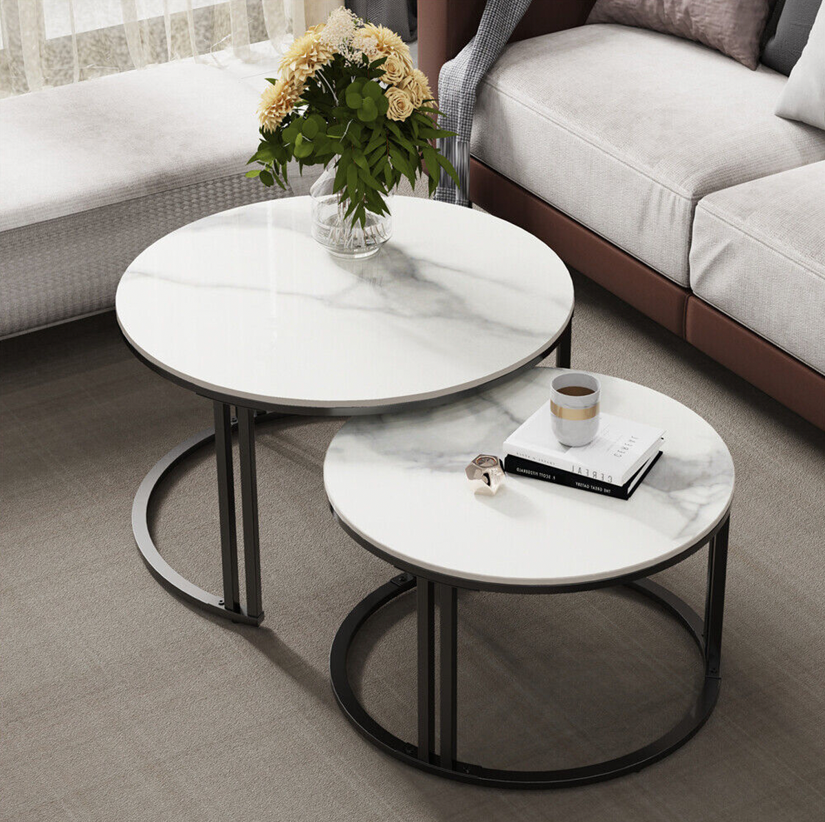Interior Ave Premier Nested Coffee Table Set | White Marble Stone | Elegant & Timeless