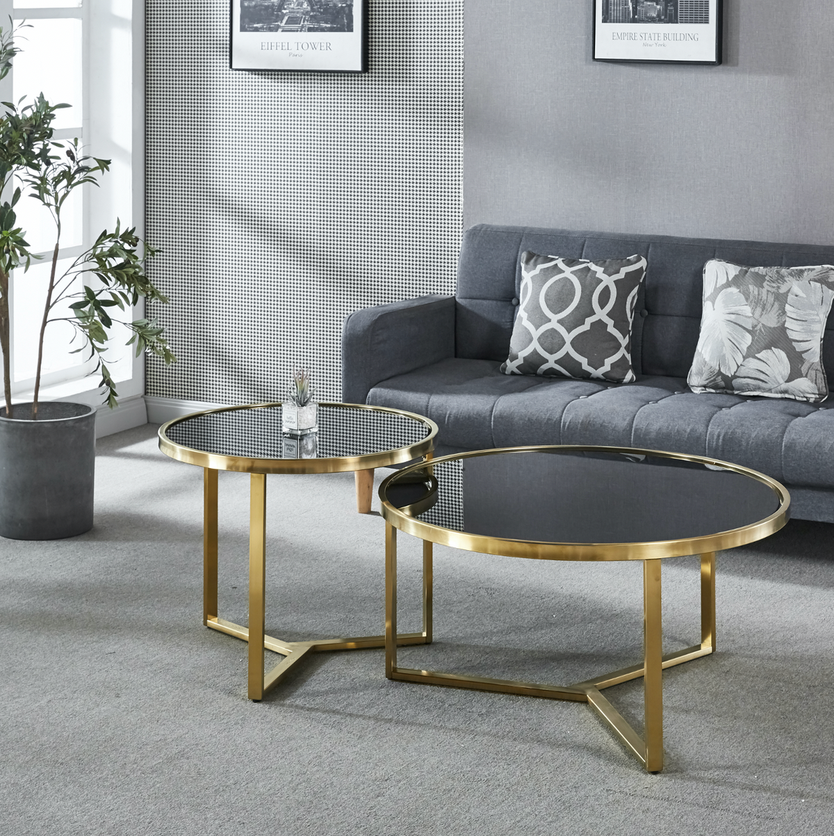 Interior Ave Designer Giselle Black Glass & Brushed Gold Coffee Table Set | Modern & Luxe