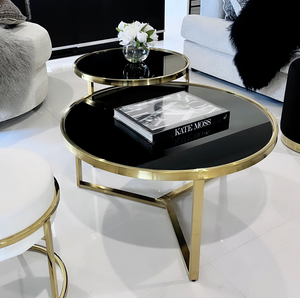 Interior Ave Designer Giselle Black Glass & Brushed Gold Coffee Table Set | Modern & Luxe