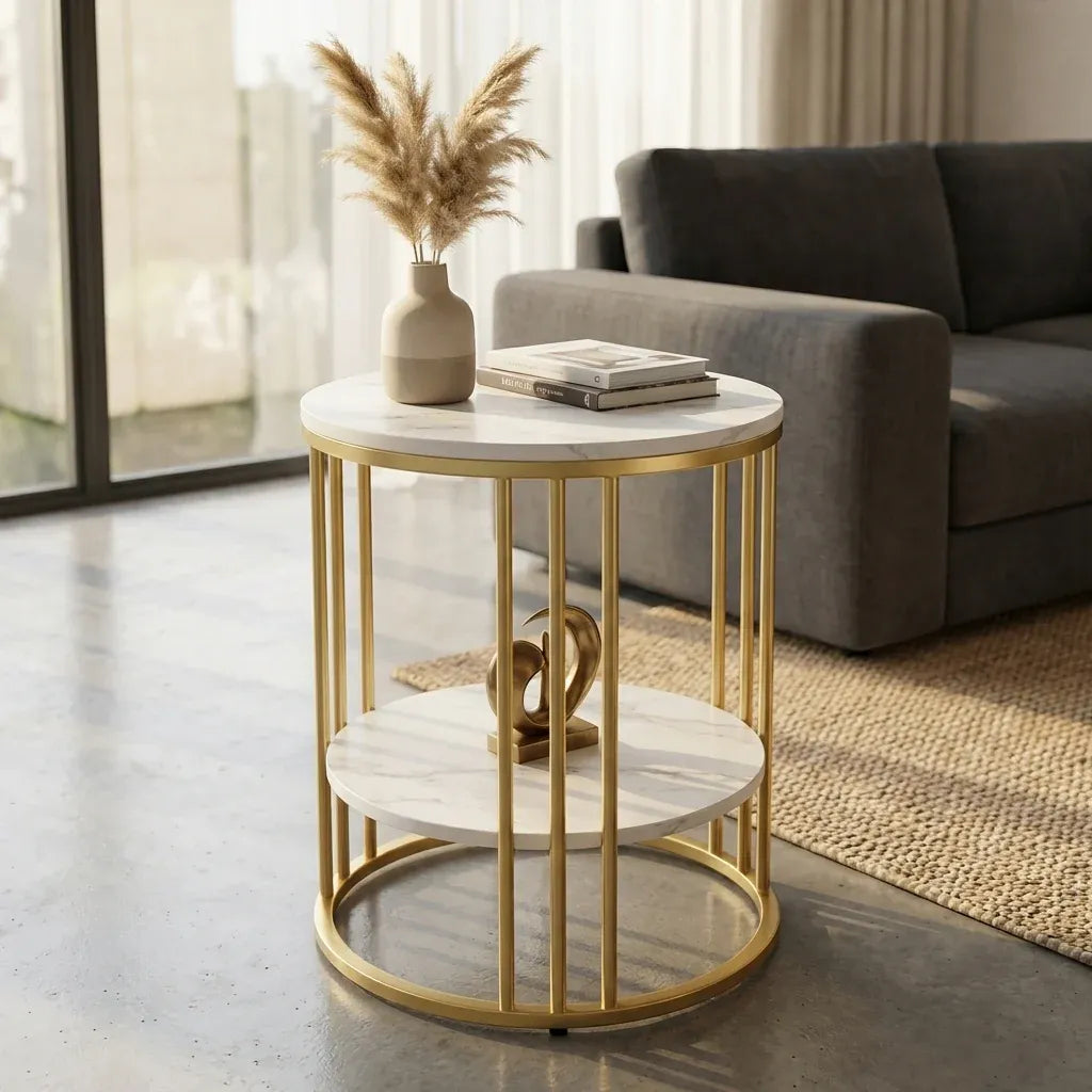 CLEO Gold Antique Stone Table - Two Shelf