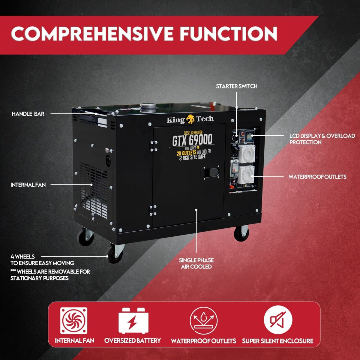 KINGTECH Diesel Generator | 8.4kW Max | 6kW Rated | Single Phase | Portable 13HP Power