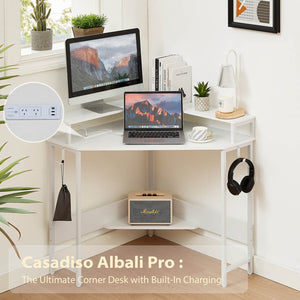 Casadiso L-Shaped Corner Desk with Built-In Power Board, White Gaming Desk with Charging Station (Casadiso Albali Pro)