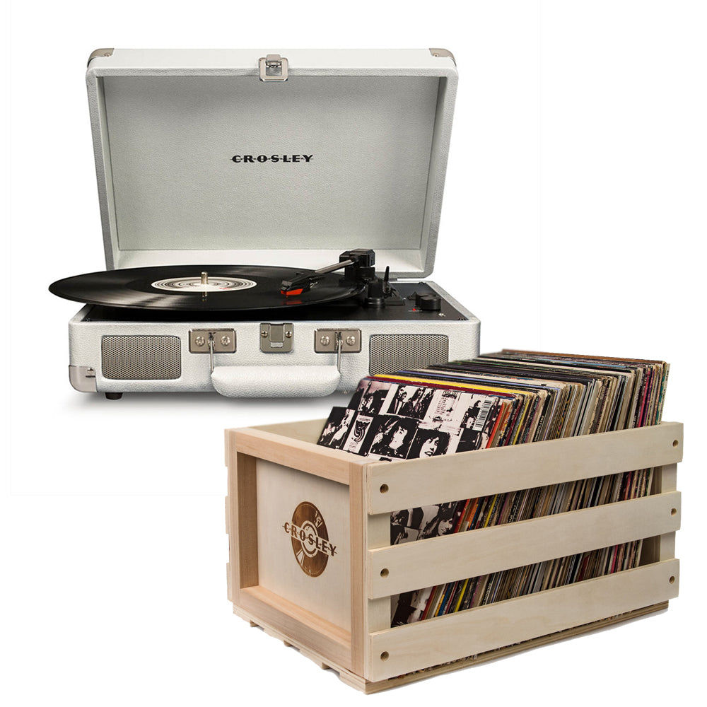Crosley Cruiser Bluetooth Portable Turntable | White Sands | Bundled Crosley Record Storage Crate