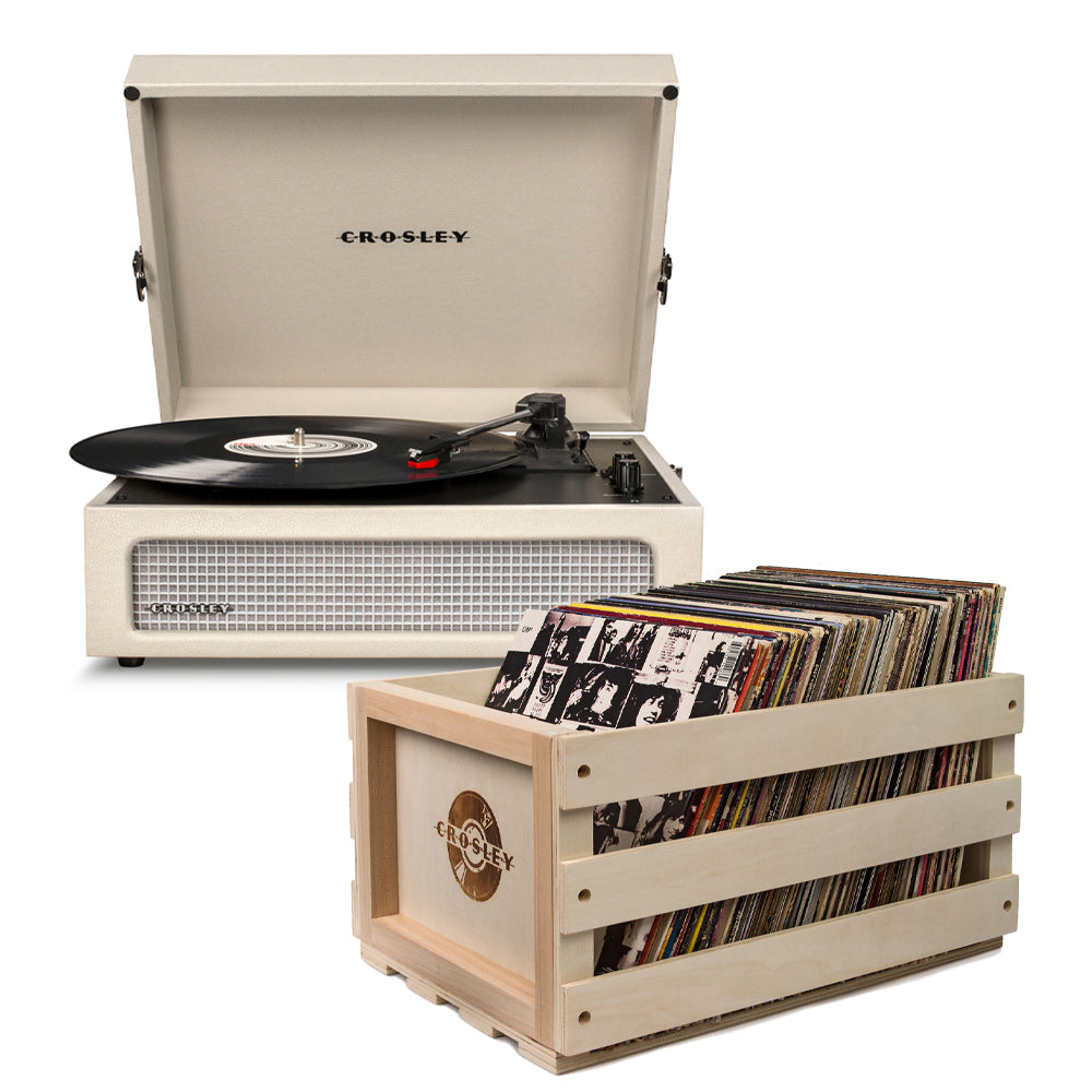 Crosley Voyager Bluetooth Portable Turntable + Record Storage Crate | Dune | Classic Music Bundle