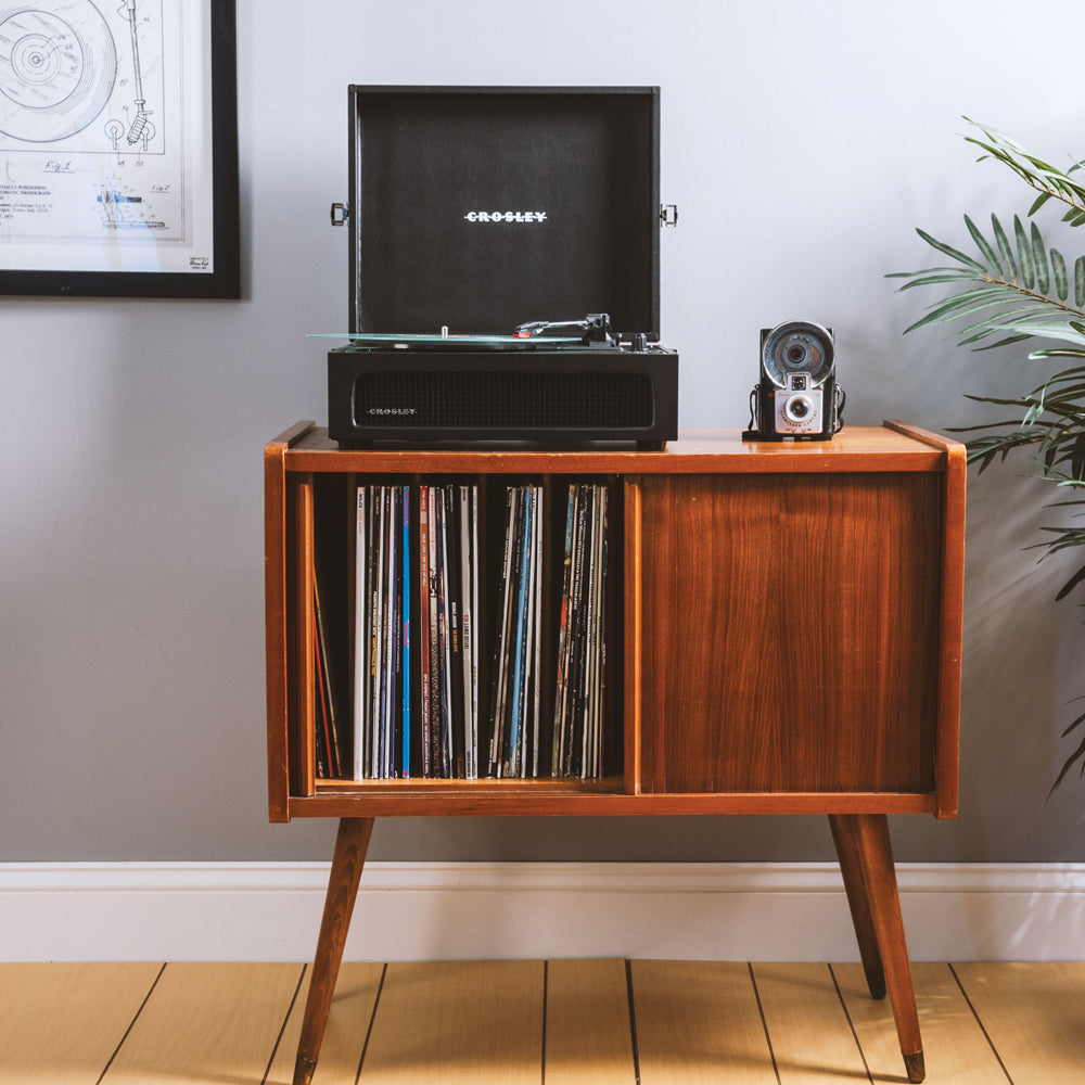 Crosley Voyager Bluetooth Portable Turntable | Black + Crosley Record Storage Display Stand | Vinyl Player Bundle