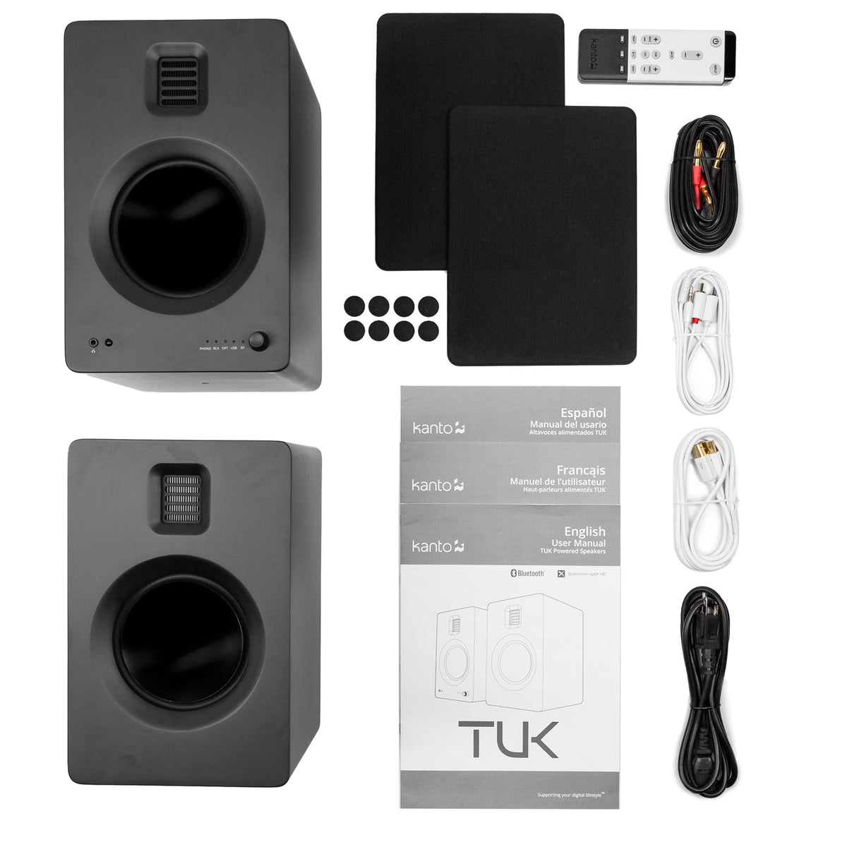 Kanto TUK 260W Powered Bookshelf Speakers | Bluetooth | USB | Phono Preamp | Matte Black | SE6 Black Stand Bundle