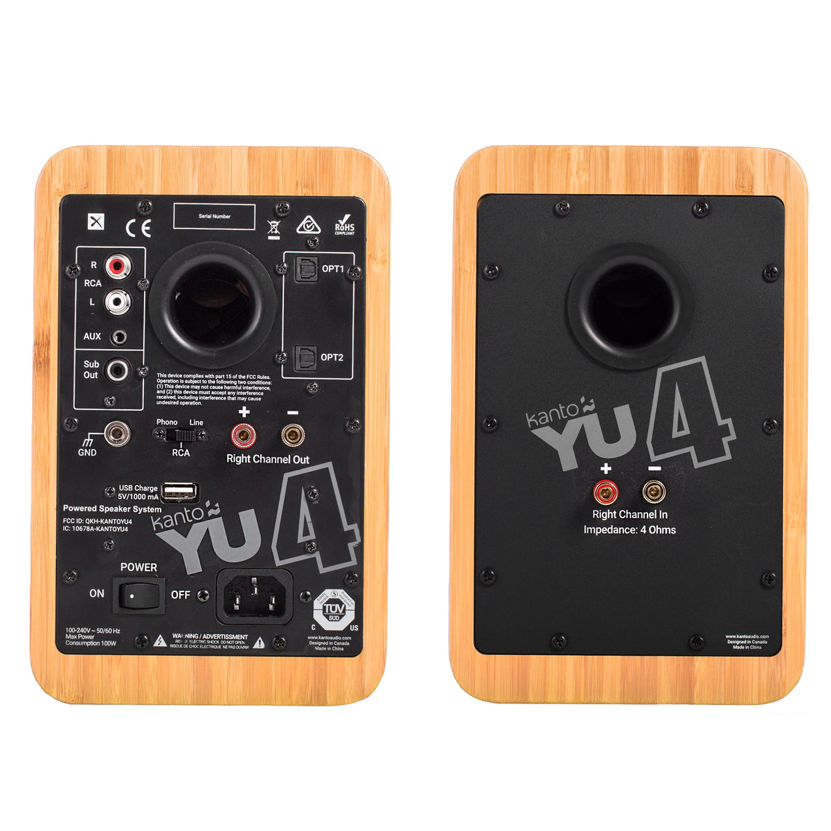 Kanto YU4 140W Powered Bookshelf Speakers | Bluetooth & Phono Preamp | Bamboo | SE4 Black Stand Bundle