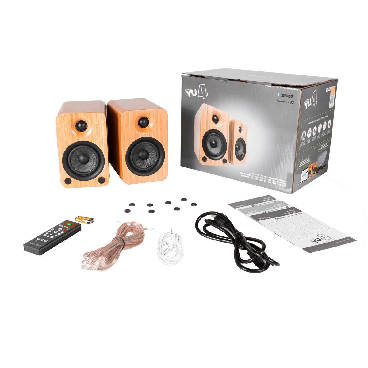 Kanto YU4 140W Powered Bookshelf Speakers | Bluetooth & Phono Preamp | Bamboo | SE4 Black Stand Bundle