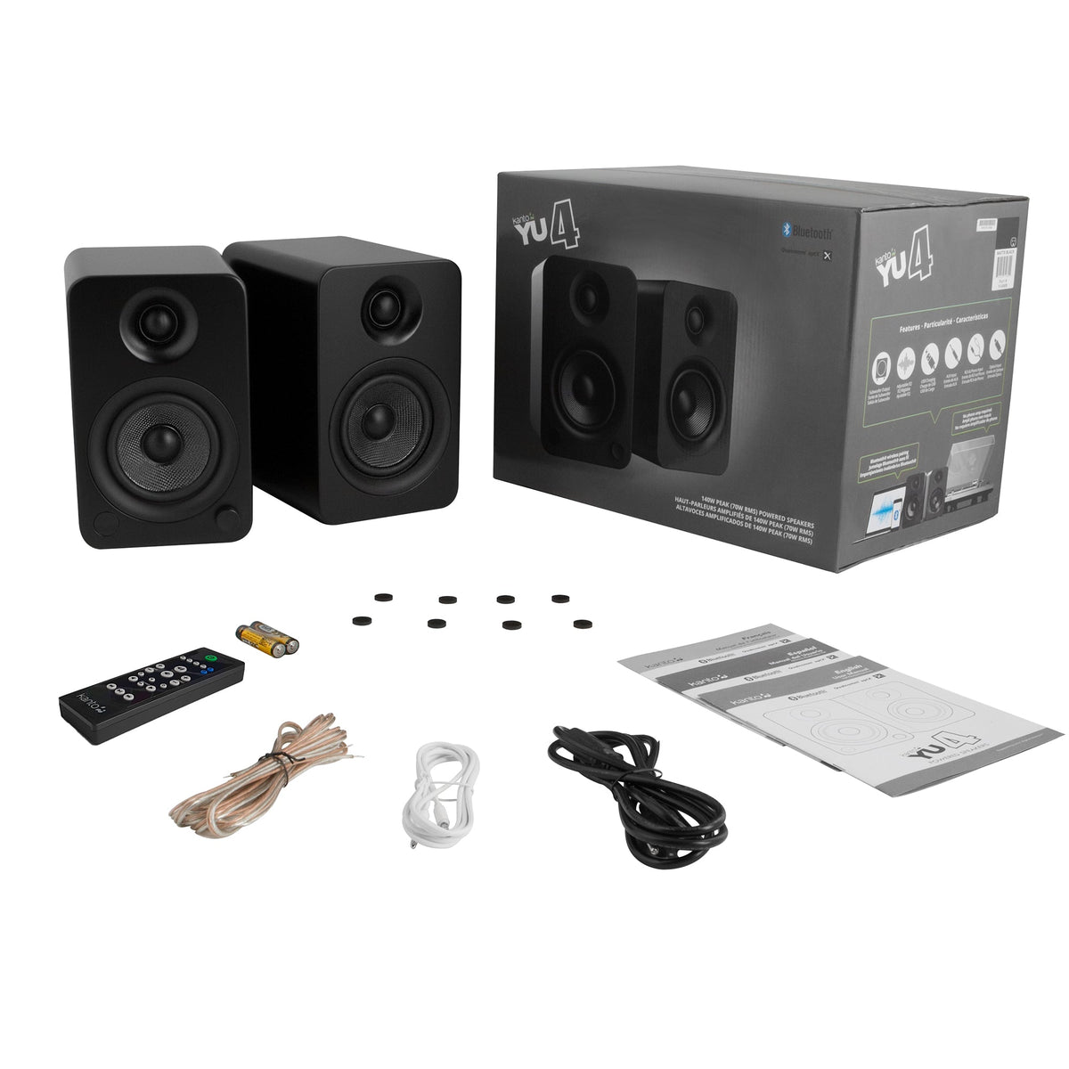 Kanto YU4 140W Powered Bookshelf Speakers | Bluetooth & Phono Preamp | Matte Black | SP26PL Black Stand Bundle