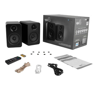 Kanto YU4 140W Powered Bookshelf Speakers | Bluetooth & Phono Preamp | Matte Black | SP26PL Black Stand Bundle