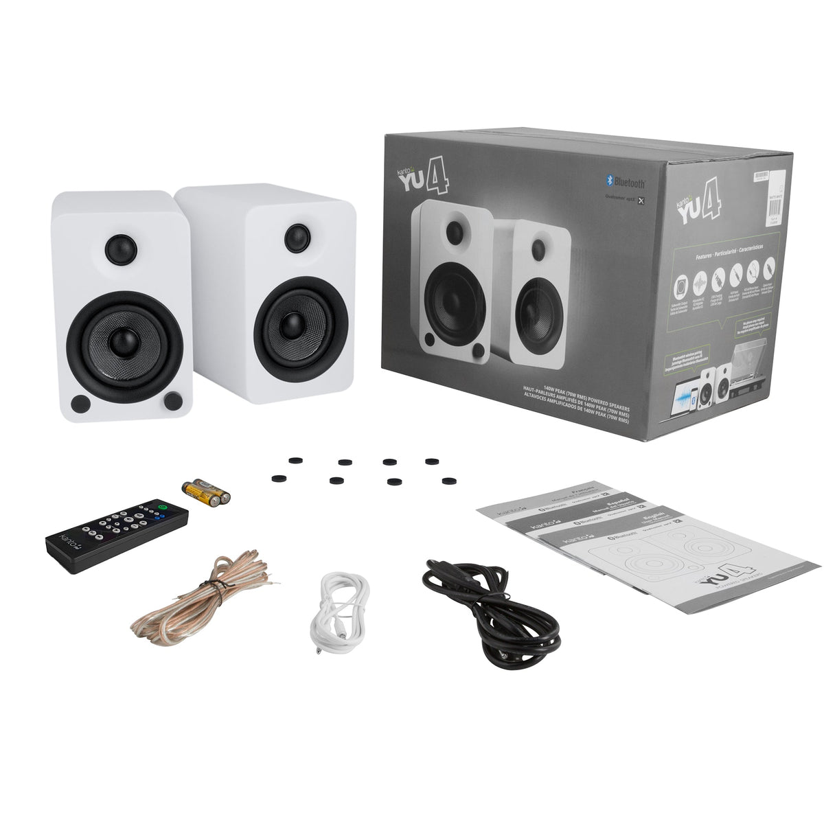 Kanto YU4 140W Powered Bookshelf Speakers | Bluetooth & Phono Preamp | Matte White | SX26W White Stand Bundle