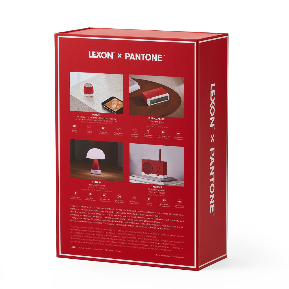 Lexon Pantone Gift Set | Mino+ Speaker, Flip Clock, Mina M Lamp, Thykho 3 Speaker | Red 2035